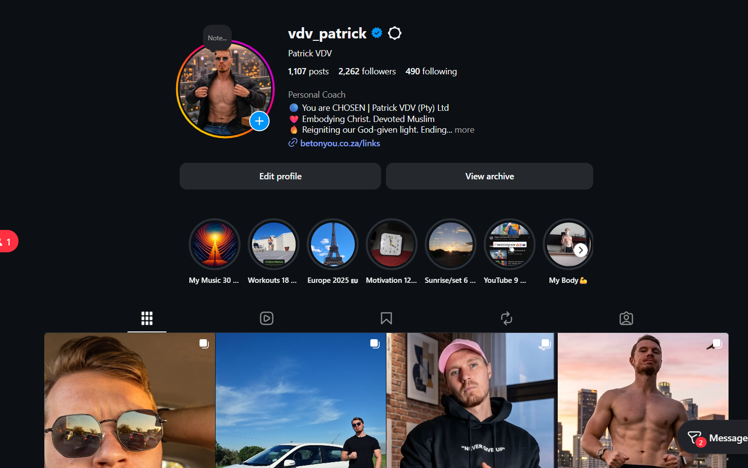 Patrick VDV Instagram profile showing 1,107 posts and 2,262 followers