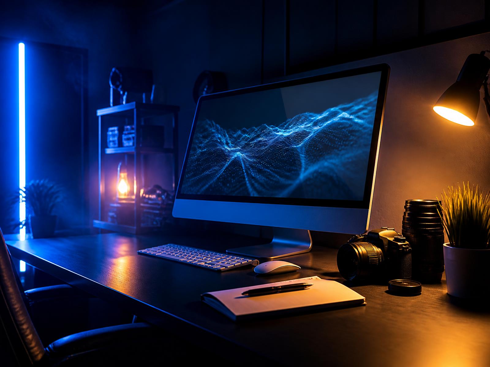 Dark studio desk with a monitor, camera and blue studio lighting